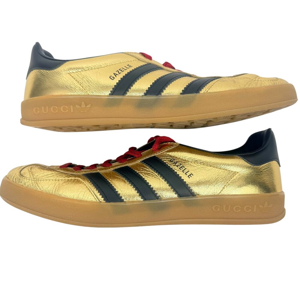 Gucci X Adidas Gazelle Metallic Lace Up Leather Sneakers Gold Size 9.5 - Picture 6 of 11